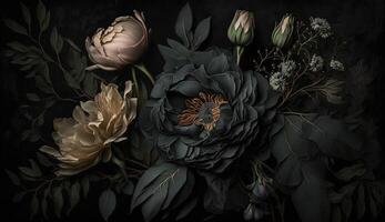 generativ ai, schließen oben von Blühen Blumenbeete von tolle schwarz Blumen auf dunkel gotisch launisch Blumen- texturiert Hintergrund. fotorealistisch Wirkung. foto