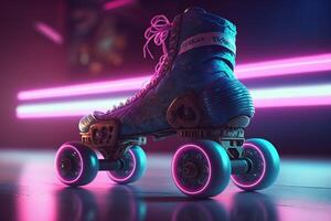 generativ ai, Walze Schlittschuh im Cyberpunk Stil, Disko nostalgisch 80er, 90er. Neon- Nacht Beleuchtung beschwingt Farben, fotorealistisch horizontal Illustration von das futuristisch Stadt. Sport Aktivität Konzept. foto