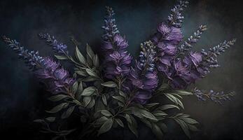 generativ ai, schließen oben von Blühen Blumenbeete von tolle Lavendel lila Blumen auf dunkel launisch Blumen- texturiert Hintergrund. fotorealistisch Wirkung. foto