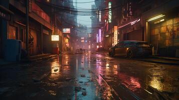 generativ ai, Nacht Szene von nach Regen Stadt im Cyberpunk Stil, futuristisch nostalgisch 80er, 90er. Neon- Beleuchtung beschwingt Farben, fotorealistisch horizontal Illustration. foto