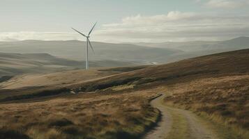 generativ ai, Wind Turbinen im ein Feld, Grün Bauernhof Landschaft. ökologisch umweltfreundlich Leistung Generation. verlängerbar Energie Quelle. foto