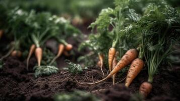 generativ ai, Reihe von frisch Möhren mit Grün Blätter auf das Boden, Gemüse im das Garten, ein gut Ernte von Öko Produkte. foto