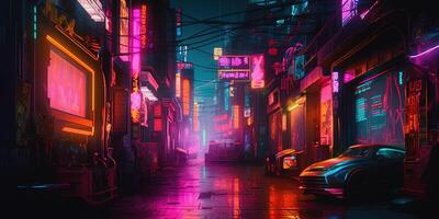 generativ ai, Nacht Szene von nach Regen Stadt im Cyberpunk Stil, futuristisch nostalgisch 80er, 90er. Neon- Beleuchtung beschwingt Farben, fotorealistisch horizontal Illustration. foto