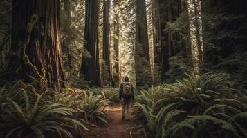 Vagabund im ein Redwood Wald. kreativ Ressource, ai generiert foto