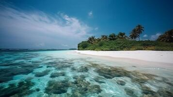 tropisch Malediven Insel mit Weiß sandig Küste und Meer. Palme. ai generiert foto