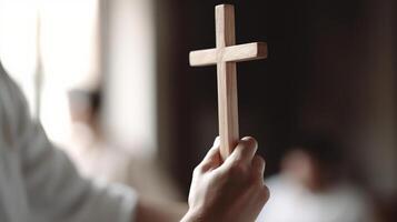 Ostern und tolle Freitag Konzept, zart Center von Christian betrachten mit angehoben Hand auf Weiß Kreuz Stiftung. ai generiert foto