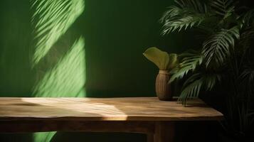 reinigen hölzern Tabelle Zähler mit tropisch Palme Baum im gesprenkelt Tageslicht. ai generiert foto