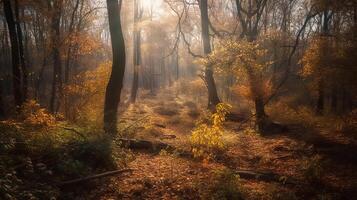 verwirrend Szene von ein sammeln Zeit Waldland mit Sonnenstrahlen eintreten durch das Geäst. ai generiert foto