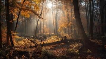 schön Szene von ein Ernte Zeit Wald mit Sonnenstrahlen eintreten durch das Geäst. ai generiert foto