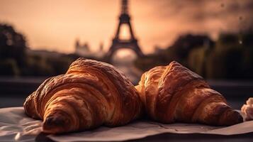 herrlich Französisch Croissants auf nostalgisch Einrichtung von Eiffel Turm, Paris. kreativ Ressource, ai generiert foto