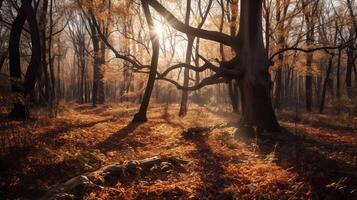 verwirrend Szene von ein sammeln Zeit Waldland mit Sonnenstrahlen eintreten durch das Geäst. ai generiert foto