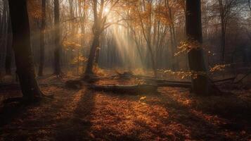 verwirrend Szene von ein akkumulieren Zeit Wald mit Sonnenstrahlen eintreten durch das Geäst. ai generiert foto