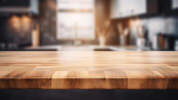 reinigen wunderbar Holz Tabelle Beste und Wolke Bokeh erscheinen Tag Küche innere Teile Teile Teile Teile Teile Teile Teile Teile Einrichtung. kreativ Ressource, ai generiert foto