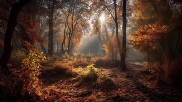 verwirrend Szene von ein sammeln Zeit Waldland mit Sonnenstrahlen eintreten durch das Geäst. ai generiert foto