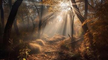 verwirrend Szene von ein sammeln Zeit Waldland mit Sonnenstrahlen eintreten durch das Geäst. ai generiert foto