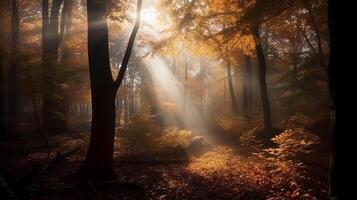 verwirrend Szene von ein sammeln Zeit Waldland mit Sonnenstrahlen eintreten durch das Geäst. ai generiert foto