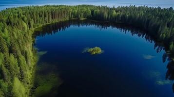 in der Luft sehen von Blau Wasser See und Grün Sommer- Wald im Finnland. kreativ Ressource, ai generiert foto