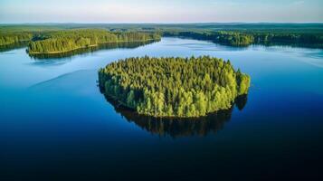 in der Luft sehen von Blau Wasser See und Grün Sommer- Wald im Finnland. kreativ Ressource, ai generiert foto