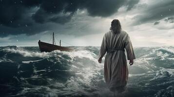 Jesus Spaziergänge auf Wasser Über das Ozean gegenüber ein Wasserfahrzeug Innere Teile das Center von ein Sturm. schriftgemäß Gegenstand Konzept. ai generiert foto