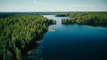 in der Luft sehen von Blau Wasser See und Grün Sommer- Wald im Finnland. kreativ Ressource, ai generiert foto