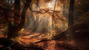 verwirrend Szene von ein sammeln Zeit Waldland mit Sonnenstrahlen eintreten durch das Geäst. ai generiert foto