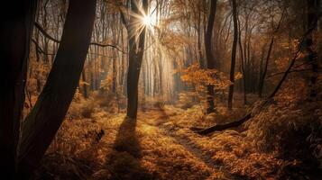 verwirrend Szene von ein sammeln Zeit Waldland mit Sonnenstrahlen eintreten durch das Geäst. ai generiert foto