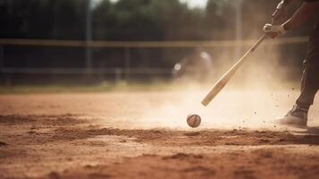 Baseball Ball, Wettbewerber Schläger schwingen und Geschwindigkeit auf öffnen diskutieren tragen Feld mit versammeln und Wolke. kreativ Ressource, ai generiert foto