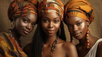 Afroamerikaner Frauen gekleidet im schön traditionell afrikanisch Kleidung, posieren im ein natürlich draussen Einstellung. das kompliziert Einzelheiten von ihr Outfits und ihr natürlich Schönheit - - ai generativ foto