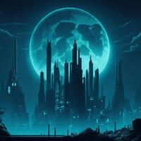 dunkel cyan Gotham Stadt mit voll Mond erstellt mit generativ ai Technologie foto