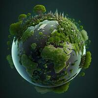 generativ ai ein Grün Mini Planet Erde, Illustration von Planet Erde mit ein Riese Baum. Energie sparen, Ökologie und Umgebung nachhaltig Ressourcen Erhaltung Konzept. foto