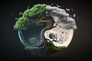 ying Yang Konzept von Balance Yggdrasil Baum von Leben nordisch Mythologie. Balance Konzept. generativ ai foto