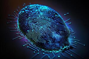 Foto von holographisch Fingerabdruck Sicherheit im das Digital Alter, schützen groß Daten mit ai Technologie generativ ai. Fingerabdruck integriert im ein gedruckt Schaltkreis, loslassen binär Codes.