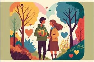 glücklich jung Teenager Paar im das Park mit Blumen und Bäume im Hintergrund, Hybrid Valentinsgrüße Tag Herz, halten Herz Natur spielen, Eicheln, farbig Blöcke, warm Licht, Regenbogen Stoff, generativ ai foto
