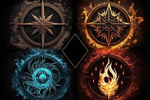 vier Elemente Kompass. generativ ai. bunt magisch Fantasie Kompass, vier Elemente Erde, Feuer, Wasser, Luft. foto