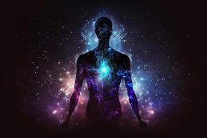 astral Körper Silhouette mit abstrakt Raum Hintergrund. esoterisch, spirituell Leben und Meditation Konzept. Leben nach dem Tod und Verbindung mit andere Welten. erstellt mit generativ ai foto