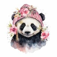 Aquarell Panda im Hut mit Blumen. Illustration ai generativ foto