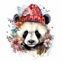 Aquarell Panda im Hut mit Blumen. Illustration ai generativ foto