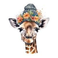 süß Giraffe im Hut mit Blume. Aquarell. Illustration ai generativ foto