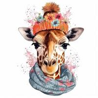 süß Giraffe im Hut mit Blume. Aquarell. Illustration ai generativ foto