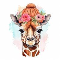 süß Giraffe im Hut mit Blume. Aquarell. Illustration ai generativ foto