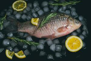 Fisch kochen, roher Fisch auf einem Backblech mit Eiswürfeln, Zitronenscheiben und Rosmarinzweigen. foto