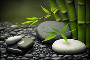 Bambus und Steine im ein Wellness Spa. generativ ai. Zen Steine und Bambus auf das Wasser. entspannen, genießen beim Spa Konzept foto