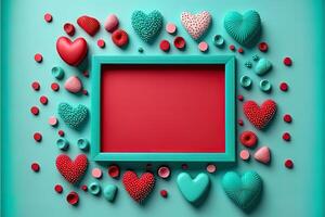 Valentinstag Rahmen und Banner. Rot, Blau, cyan, Rosa Dekoration. eben legen, romantisch. Liebe und Valentinstag Tag Konzept. generativ ai foto