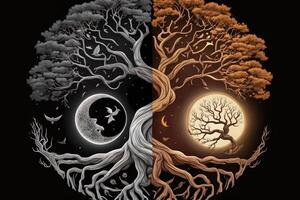 ying Yang Konzept von Balance Yggdrasil Baum von Leben nordisch Mythologie. Balance Konzept. generativ ai foto