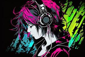 generativ ai ein Neon- Spieler Anime Mode Mädchen oder Frau tragen Kopfhörer, hat verloren im ihr Musik. abstrakt Hintergrund Das weckt das Gefühl von anders Genres von Musik. Banner Musik- Konzept foto