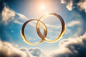 ein Paar von Gold Hochzeit Ringe schwebend im das Himmel. zwei Hochzeit Ringe schwebend im das Wolken mit ein Sonne im das Hintergrund und ein Blau Himmel mit Wolken unten ihnen. generativ ai. Hochzeit Konzept. foto