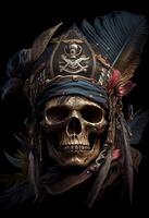 Illustration von ein alt Schädel Pirat auf Tafel ein Schiff, ein Porträt von ein Kapitän, ein Meer Wolf, schwarz Hintergrund, generiert ai foto
