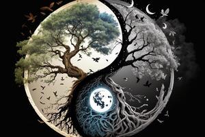 ying Yang Konzept von Balance Yggdrasil Baum von Leben nordisch Mythologie. Balance Konzept. generativ ai foto