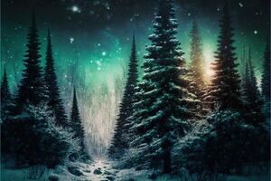 Weihnachten dekoriert Grün Fichte Bäume im Winter Wald, abstrakt Fantasie festlich Weihnachten Baum Hintergrund Header Hintergrund, Winter abstrakt Landschaft. Sonnenlicht im das Winter Wald. generativ ai foto