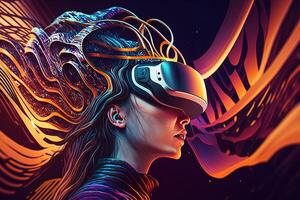 generativ ai Illustration von ein begeistert jung Frauen tragen virtuell Wirklichkeit Brille ist Innerhalb das Metaverse. Metaverse Konzept und virtuell Welt Elemente. Spiele und Unterhaltung von das Digital foto